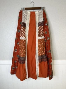 Vtg 70s Patchwork Prairie Maxi Skirt Boho Cottagecore Lace Floral Brick Red Sz L - Picture 1 of 8