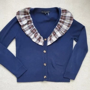 English Factory Navy and Plaid Ruffle Cardigan Button Front Sweater szXS - Picture 1 of 16