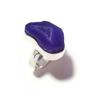 Druzy Blue Agate Geode Natural Gemstone Silver Overlay Handmade Ring US-5.75