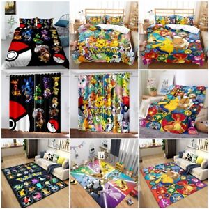 Cartoon Pikachu Eevee Duvet Cover Bedding Set Floor Mat Flannel Blanket Curtain