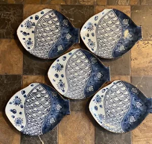 Vtg Set 5 Japanese Pottery of Seto Porcelain Blue White Fish Plates Dish Coastal - Picture 1 of 7