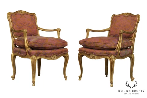 Hollywood Regency French Vintage Gilt Wood Frame Pair Fauteuil Armchairs Cover