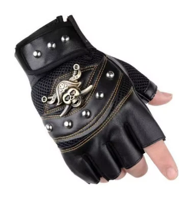 Pirate Skull Rivet Gloves  Rocker Half Finger Motorcycle Driving Caribbean (#40) - Image 1 of 4