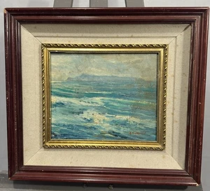 Huile sur panneau signée : paysage marin - océan avec une île à l'horizon - Picture 1 of 11