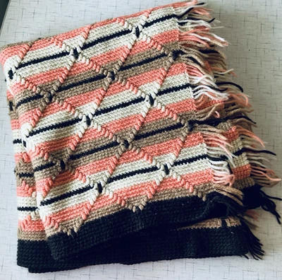 Cobertor de franja vintage de crochê afegão rosa marrom bege marrom 60x30 polegadas - Imagem 1 de 4