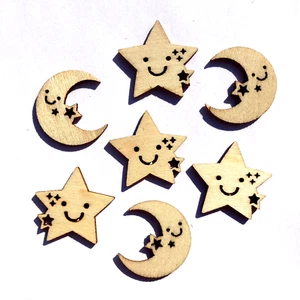 20 Holz Mond und Sterne Streuteile als Streudeko braun zum Basteln Deko DIY - Bild 1 von 3