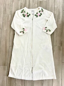 Vintage Stan Herman Chenille XL Robe Full Zip Long Ivory & Flower Minor ArmStain - Picture 1 of 17