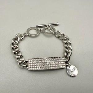 Chicos Bracelet Womens Chic Modern Silver Tone Pave Crystal ID Style 8 Inch - Picture 1 of 10