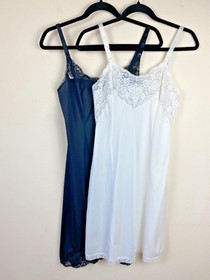 2 VTG Olga & Wandermaid 1980s Full Slip Black White Lace 34 A Antron Nylon