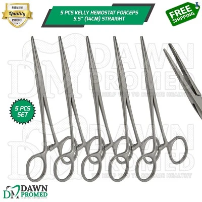 DAWNPROMED 5 Pcs Kelly Hemostat Forceps 5.5" Straight Locking Clamp Fishing Plier German Gr
