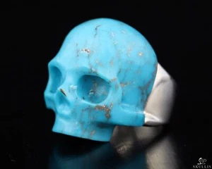 Ring #7 Turquoise Carved Crystal Skull Ring, 925 Sterling - Picture 1 of 7