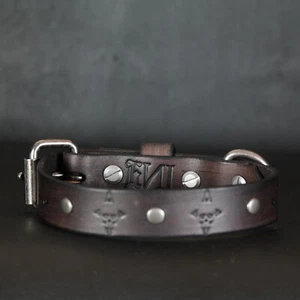 Skull Leather Dog Collar. 1 inch Wide.  Studded. Antique Black - Picture 1 of 7