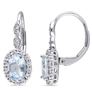 Amour 14k White Gold Aquamarine, White Topaz & Diamond Halo Leverback Earrings - Picture 1 of 4