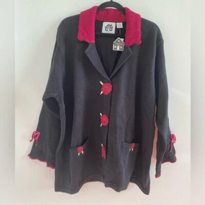 Cárdigan Suéter Storybook Tejidos Negro y Rojo Rosa Cuentas Talla 3X Nuevo con Etiqueta Foto 1 de 4