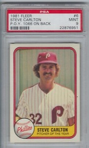 1981 FLEER #6 STEVE CARLTON HOF ERROR BACK 1066 on Back  -MINT PSA 9-