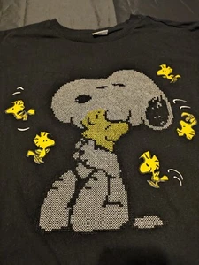 RARE Snoopy and Woodstock Cross Stitch Design Black T-Shirt XL - Picture 1 of 4