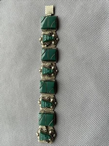 Taxco Sterling Silver 925 Green Onyx Aztec Warrior Mask Panel Bracelet 7 1/4”VTG - Picture 1 of 8