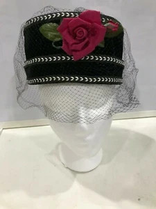 Womens Handmade 1950s Vintage Black Velvet Pillbox hat w/ Pink Flower & Trim J4 - Picture 1 of 12