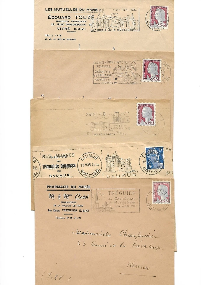 N°08-lot 5 flammes anciennes  sur  enveloppe timbrée-1950-60- - Photo 1/1