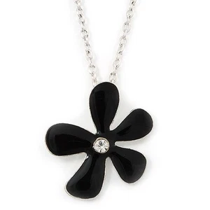 Black Enamel Flower Pendant With Silver Tone Oval Link Chain - 40cm Length/ 7cm - Picture 1 of 5