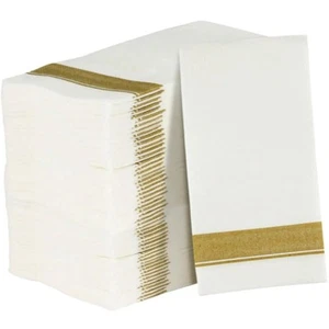 Rectangle Cloth-Like White Napkins with Gold Border, 50 Pack Fancy Paper Napk... - Picture 1 of 6