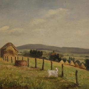 Dipinto firmato quadro ad olio su tavoletta paesaggio bucolico arte XX secolo - Foto 1 di 12