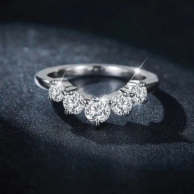 Real D Color Round Moissanite V Shape Ring Engagement Band 925 Sterling Silver - Image 1 of 4