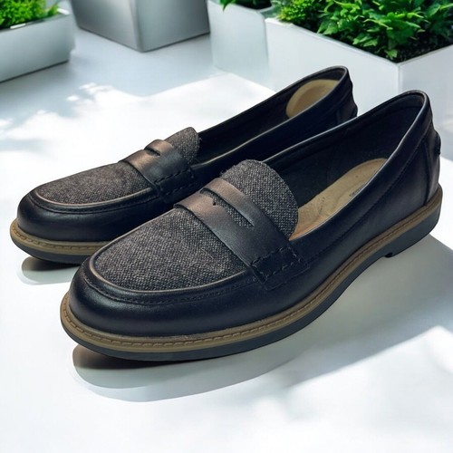 Mocassini Clarks Raisie Eletta Penny da donna taglia 6 5 neri in pelle e tweed con accento