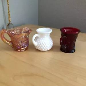 Vintage Miniature Pitchers & Cup - Milk Ruby Glass Hobnail Carnival Lot of 3 - Picture 1 of 7