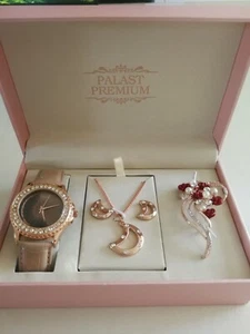 NEU/OVP ! Damen Uhrenset Armbanduhr+Kette+Ohrstecker+Brosche Rosegold + Steine - Bild 1 von 11
