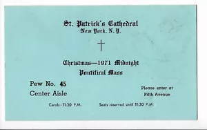 Pase de catedral de San Patricio/boleto para misa de medianoche de Navidad 1971 Nueva York - Imagen 1 de 3