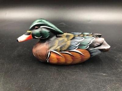 Anatra Papera Oca portafortuna scultura statua legno intagliato dipinto a mano - Immagine 1 di 4