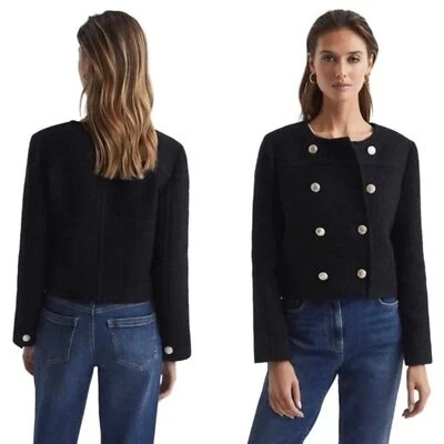 REISS Esmie Cropped Double Breasted Jacket Black Size 10 New Wool Blend - Image 1 of 4
