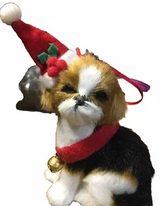 Dog Ornament Plush Furry Animal Figurine With Santa Hat & Bell Collar - Picture 1 of 9
