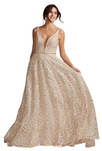 GALINA SIGNATURE Geometric Sequin Illusion Plunge Wedding Dress Cashmere Size 4 - Picture 1 of 5