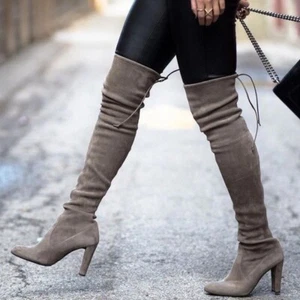 $950 STUART WEITZMAN "Hiline" suede thigh high women's boots in gray taupe 7.5 M - Picture 1 of 13