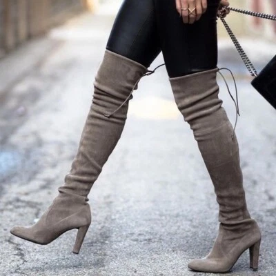 $950 STUART WEITZMAN "Hiline" suede thigh high women's boots in gray taupe 7.5 M - Image 1 of 4