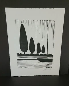 WEEKEND SAILBOAT; SPRUCE PINE TREES, CALM WATERS. ORIGINAL LINOCUT Signed - Picture 1 of 2