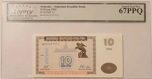 Armenien 1993 10 Dram Banknote Superb Gem Neu 67 PPQ Legacy Currency Grading - Bild 1 von 4