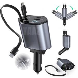 Fast Car Charger 4 in 1 Retractable USB Type C Cable for iPhone Charging Adapter - Picture 1 of 11