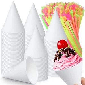 100 Pcs Snow Cone Cups with 100 Pcs Spoon Straws for Slush Shaved Ice Cream - Picture 1 of 7