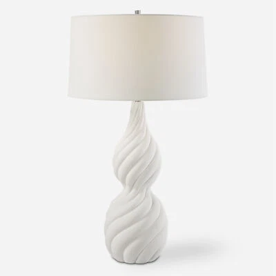 Elegant Twisted Ceramic Swirl Chalk White Table Lamp 32 in Gourd Shape Ribbed - Image 1 of 4