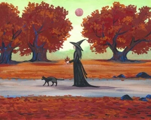 8x10 PRINT OF PAINTING RYTA HALLOWEEN SALEM BLACK CAT Folk vintage style art Odd - Picture 1 of 1