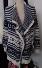 Lands End Medium Open Front Cardigan Sweater Navy Blue White Nordic Pockets