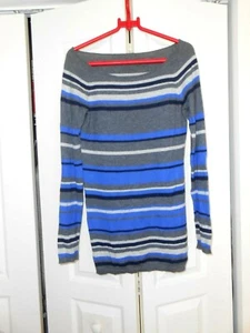 CASHMERE BOATNECK LONG DRESS WITH RAGLAN SLEEVE---GREYS/ BLUE/BLACK STRIPE - Picture 1 of 1
