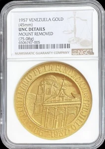 1957 GOLD VENEZUELA TRUJILLO 1.81 OZ 400TH ANNIV. FOUNDATION MEDAL NGC UNC* - Picture 1 of 2