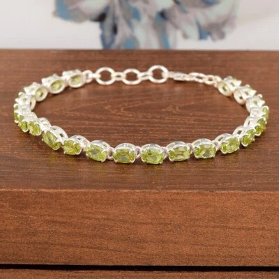 Natural Peridot Gemstone Bracelet,925 Sterling Silver,Adjustable Bracelet,Gift - Image 1 of 4