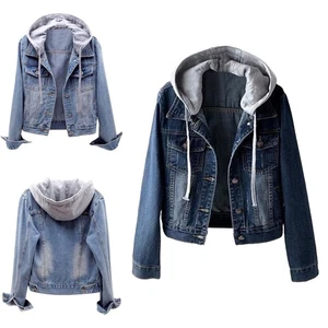 Womens Coat Denim Jackets Vacation Outerwear Music Hooded Casual Distressed - Picture 1 of 31