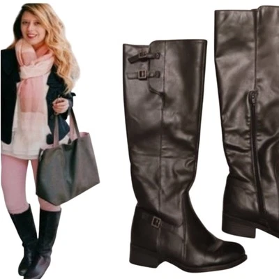 Merona Riding Boots Womne's Sz 10 Wider Calves BLack Low Heels Buckle Equestrian - Image 1 of 4