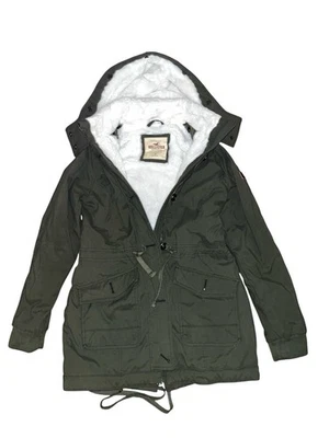 CHAQUETA ABRIGO PARKA HOLLISTER SARGA ELÁSTICA FORRADA SHERPA OLIVA MUJER pequeña DEFECTUOSA Foto 1 de 4